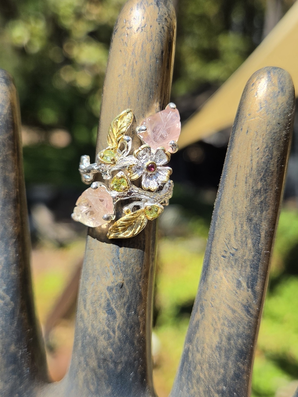 Pink Tourmaline Peridot & Garnet Sterling & Gold Finger Cuff Sz6 - Picture 9 of 11
